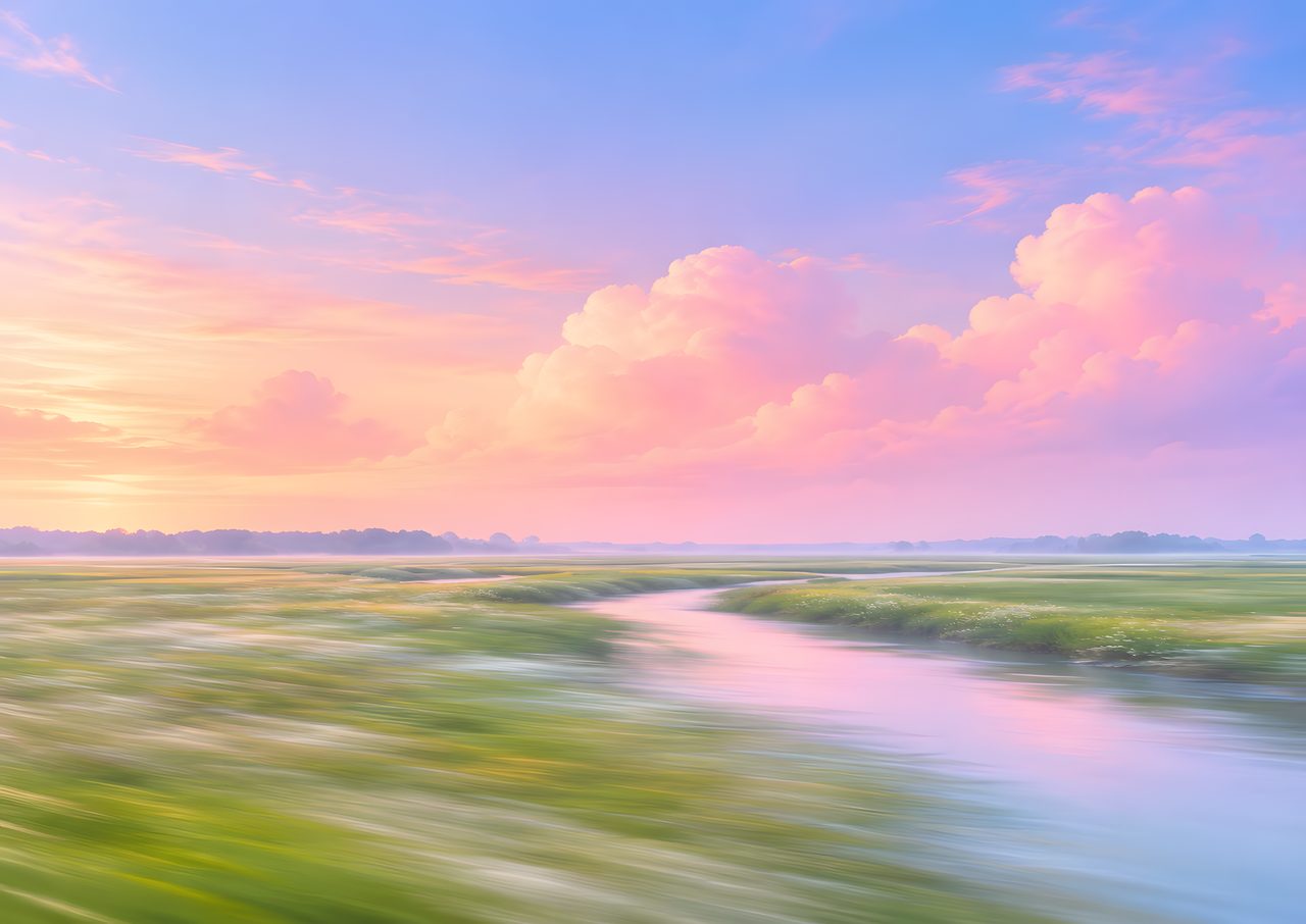 Rivier door de polder onder roze stapelwolken